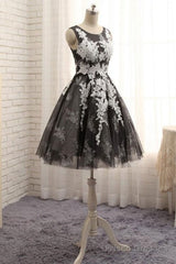 Black Tulle With White Lace Round Neckline Knee Length Homecoming Dresses, Cute Party Dresses