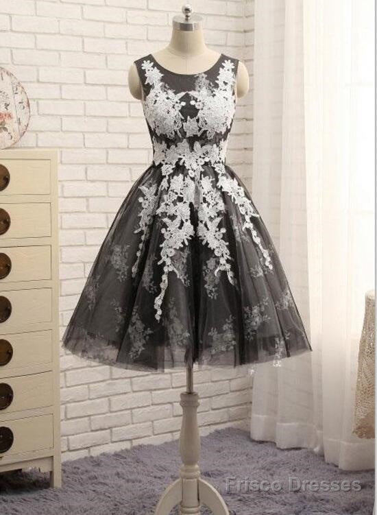 Black Tulle With White Lace Round Neckline Knee Length Homecoming Dresses, Cute Party Dresses Main image