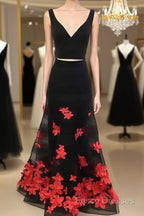 Black Two Pieces Applique Long Formal Prom Dress, Black Formal Dress