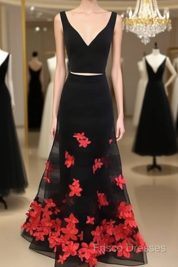 Black Two Pieces Applique Long Formal Prom Dress, Black Formal Dress