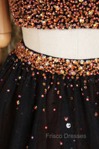Black Two Pieces Beads Tulle Short Formal Prom Dress Black Homecoming Dress