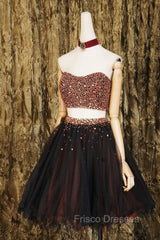 Black Two Pieces Beads Tulle Short Formal Prom Dress Black Homecoming Dress