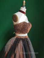 Black Two Pieces Beads Tulle Short Formal Prom Dress Black Homecoming Dress