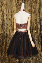 Black Two Pieces Beads Tulle Short Formal Prom Dress Black Homecoming Dress