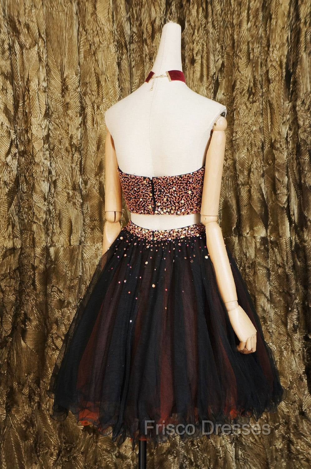 Black Two Pieces Beads Tulle Short Formal Prom Dress Black Homecoming Dress