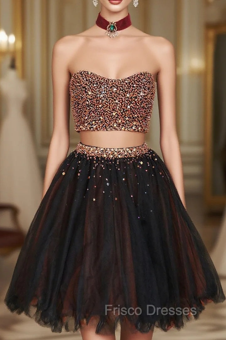 Black Two Pieces Beads Tulle Short Formal Prom Dress Black Homecoming Dress Main image
