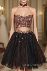 Black Two Pieces Beads Tulle Short Formal Prom Dress Black Homecoming Dress