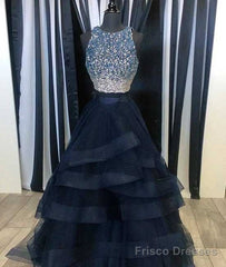 Black Two Pieces Sequin Long Prom Dress, Black Evening Dress