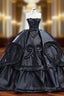 Black Unique Satin Strapless Pleats Ball Gown Formal Prom Dress