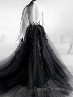Black V Neck Backless Lace Formal Prom Dress, Open Back Black Lace Formal Graduation Dress