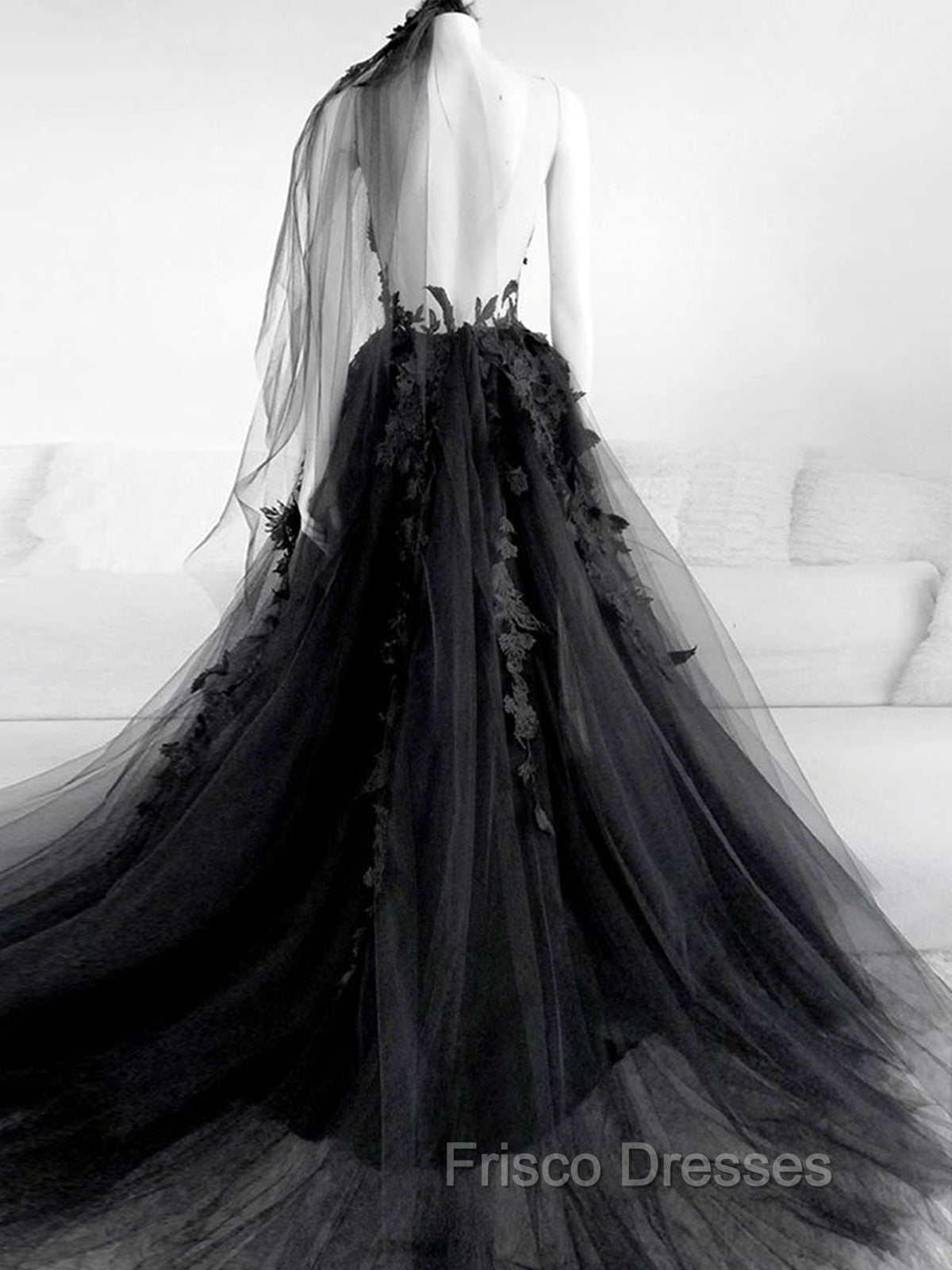 Black V Neck Backless Lace Formal Prom Dress, Open Back Black Lace Formal Graduation Dress