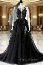 Black V Neck Backless Lace Formal Prom Dress, Open Back Black Lace Formal Graduation Dress