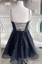 Black V Neck Backless Lace Short Formal Prom Dresses, Backless Black Lace Homecoming Dresses, Black Lace Formal Evening Dresses