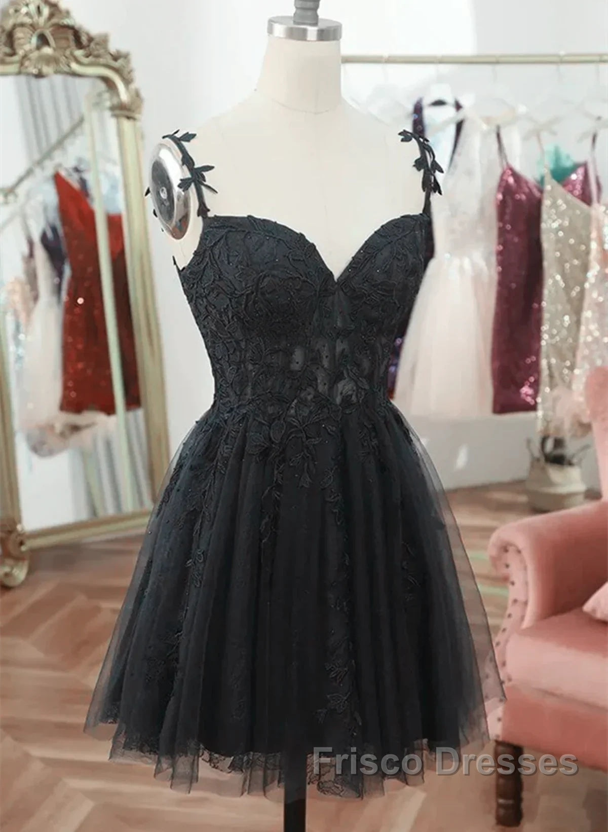 Black V Neck Beaded Tulle And Lace Formal Prom Dress, Cute Black Homecoming Dress Secondary image