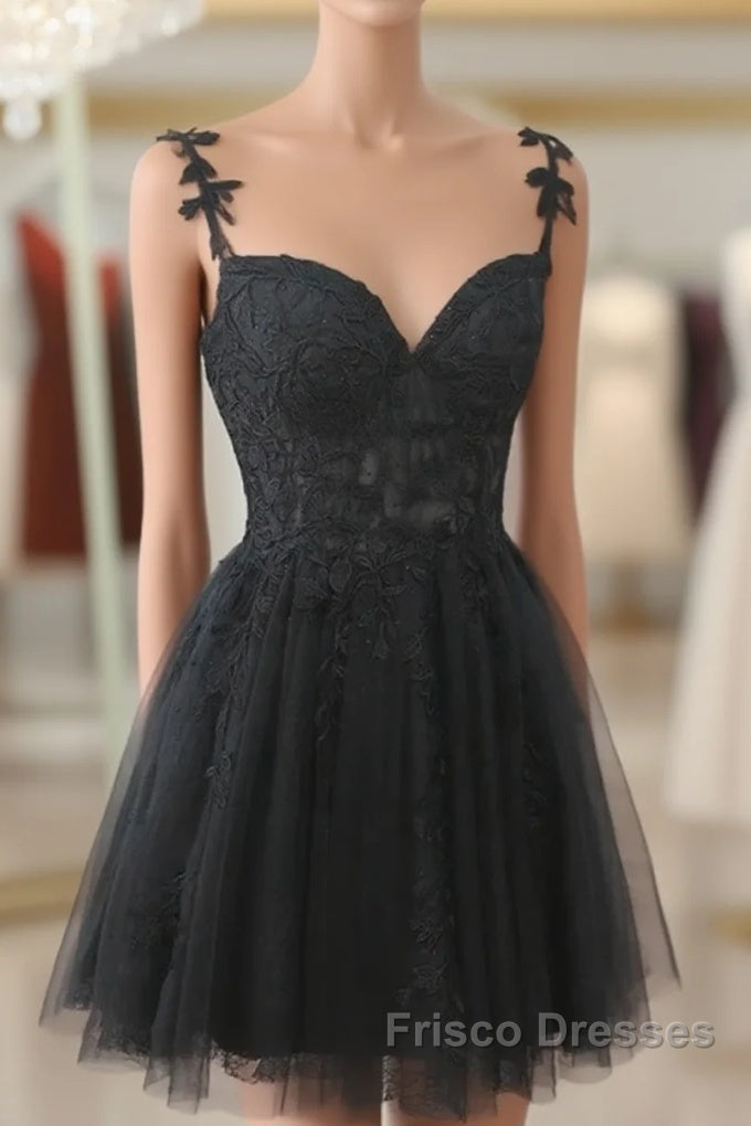 Black V Neck Beaded Tulle And Lace Formal Prom Dress, Cute Black Homecoming Dress Main image