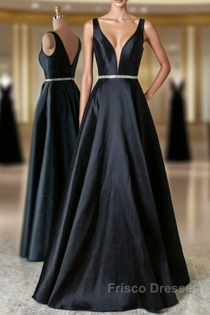 Black V Neck Beading Satin Formal Prom Dress Main image