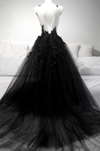 Black V Neck Lace Long Prom Dress A Line Evening Dress
