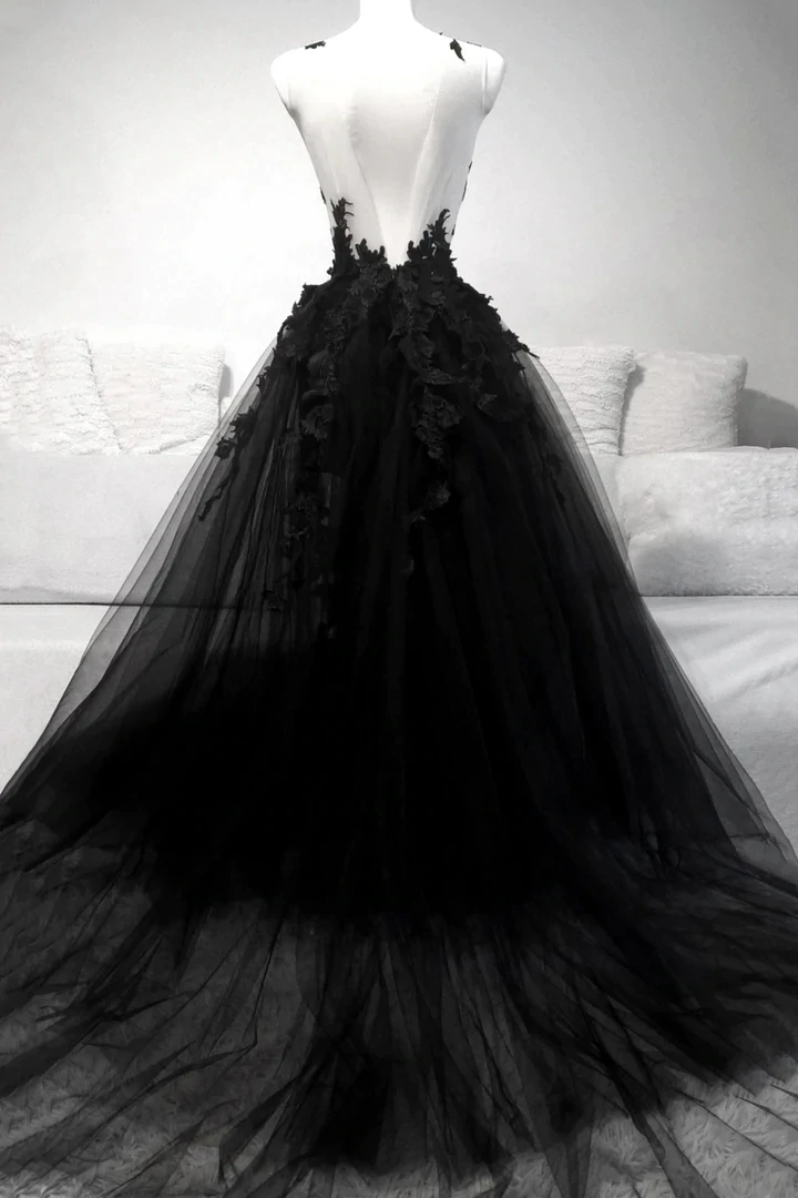 Black V Neck Lace Long Prom Dress A Line Evening Dress