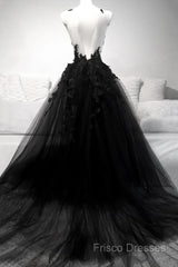 Black V Neck Lace Long Formal Prom Dress A Line Formal Dress