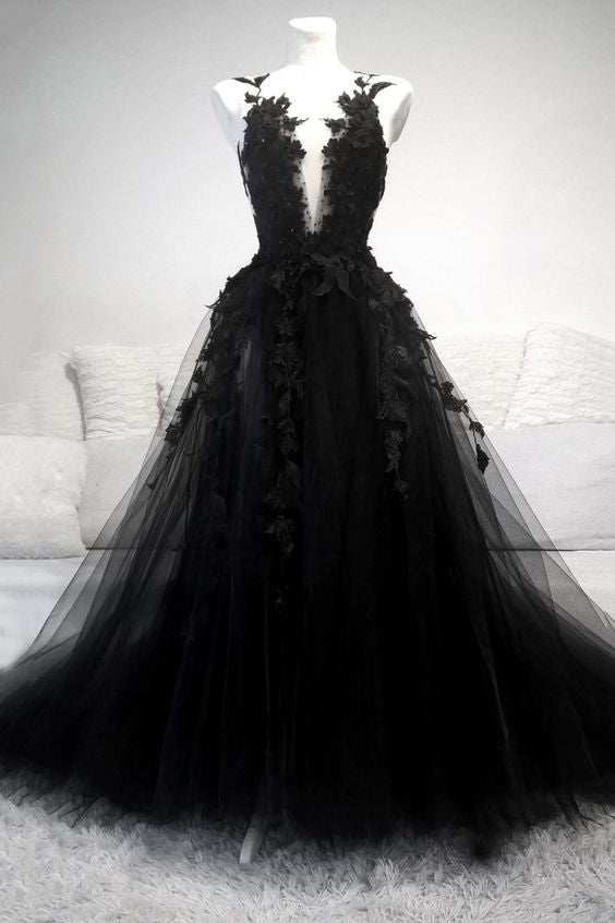 Black V Neck Lace Long Prom Dress A Line Evening Dress Main image