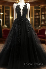 Black V Neck Lace Long Formal Prom Dress A Line Formal Dress