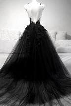 Black V Neck Lace Long Prom Dress A Line Evening Dress