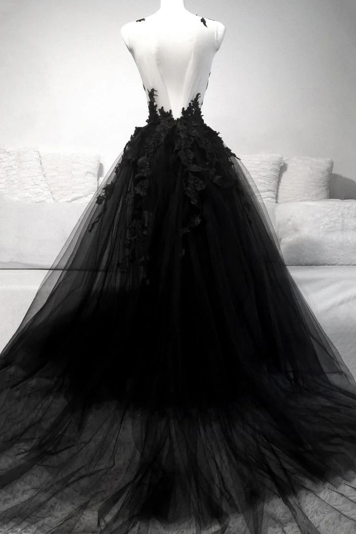 Black V Neck Lace Long Prom Dress A Line Evening Dress
