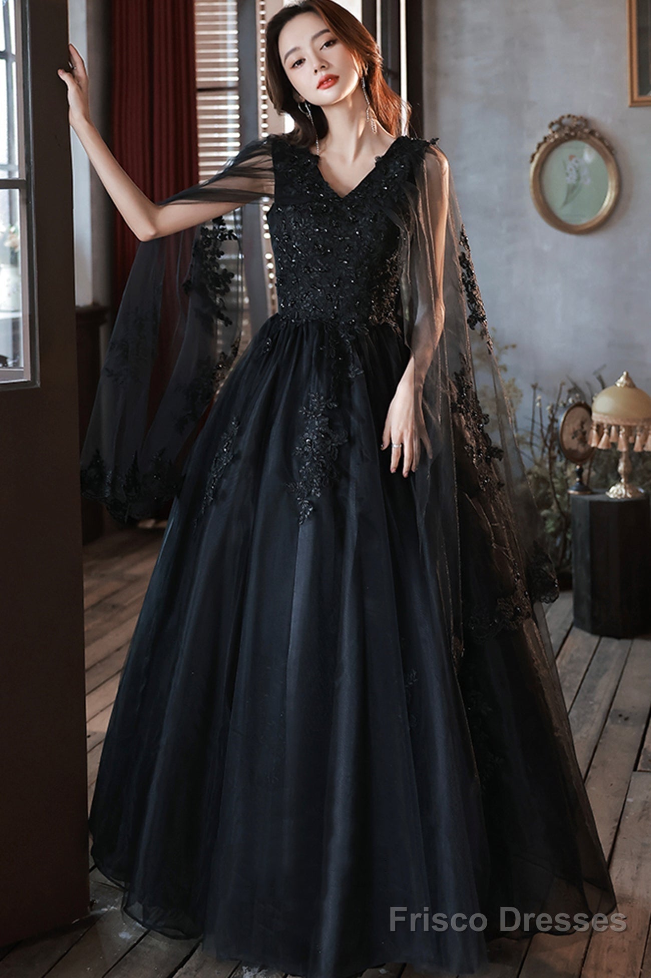 Black V-Neck Lace Long Prom Dress, Black A-Line Evening Party Dress Main image
