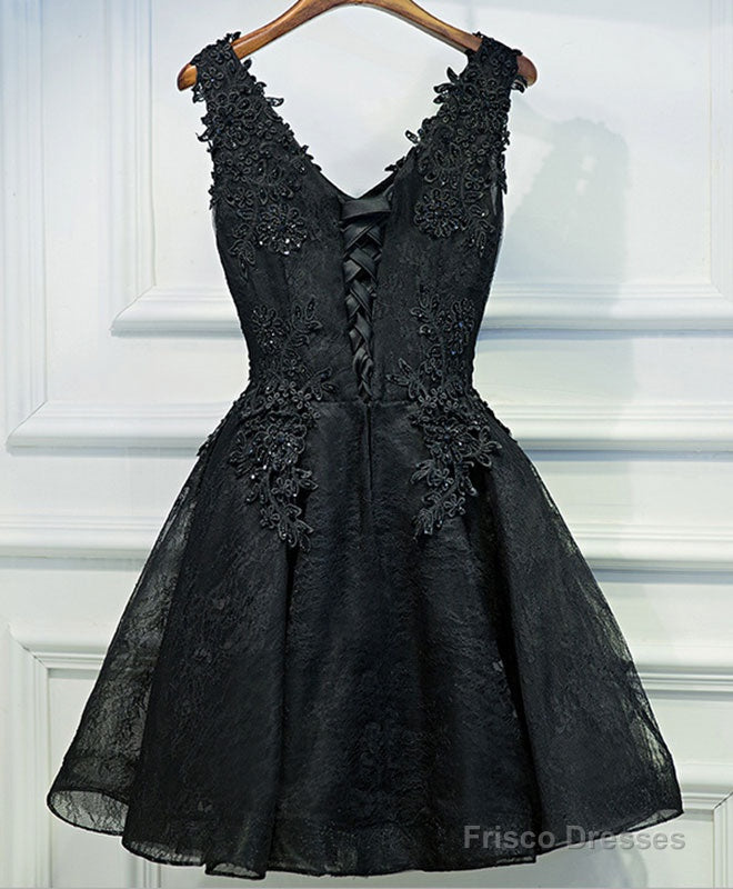 Black V Neck Lace Short Prom Dress, Black Cute Homecoming Dresses Main image