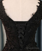 Black V Neck Lace Short Prom Dress, Black Cute Homecoming Dresses