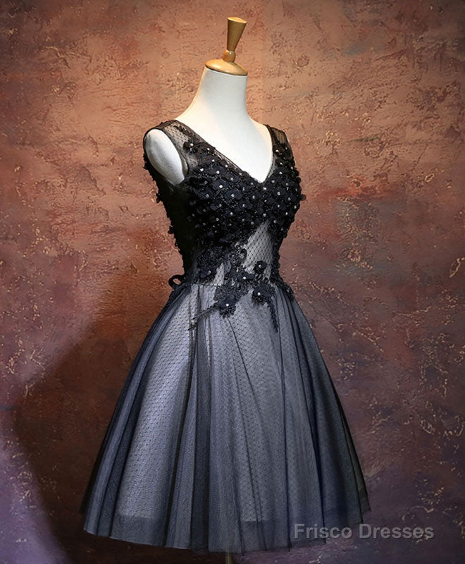 Black V Neck Lace Short Prom Dress, Black Evening Dress Main image