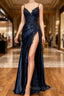 Dark Blue V Neck Satin Lace Long Formal Prom Dress, Dark Blue Lace Long Evening Dress