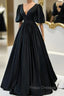 Black V-Neck Satin Long Formal Prom Dress, A-Line Short Sleeve Evening Dress