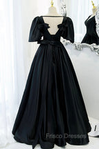 Black V-Neck Satin Long Formal Prom Dress, A-Line Short Sleeve Evening Dress