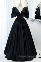 Black V-Neck Satin Long Formal Prom Dress, A-Line Short Sleeve Evening Dress