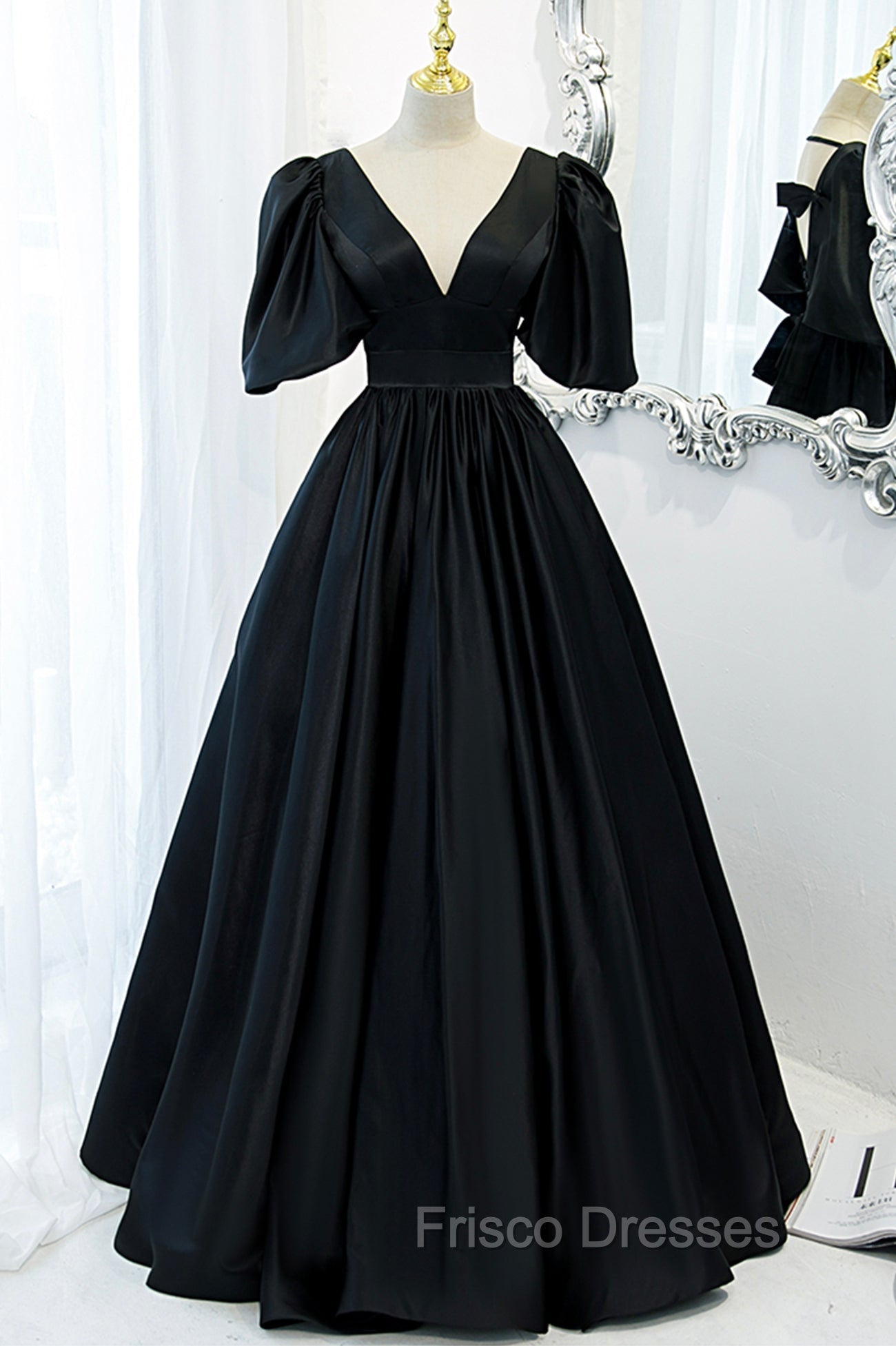 Black V-Neck Satin Long Formal Prom Dress, A-Line Short Sleeve Evening Dress