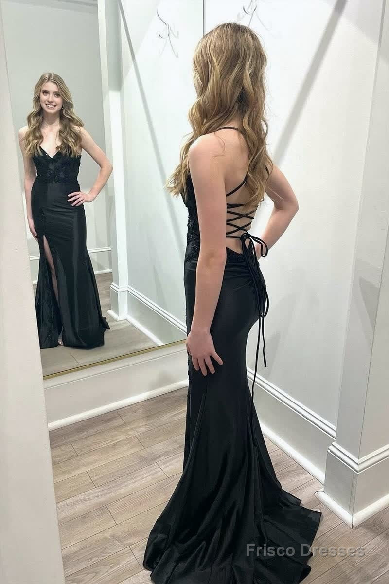 Black V Neck Satin Mermaid Long Prom Dresses with Slit Secondary image