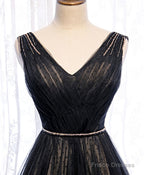 Black V Neck Tulle Lace Long Prom Dress Black Evening Dress