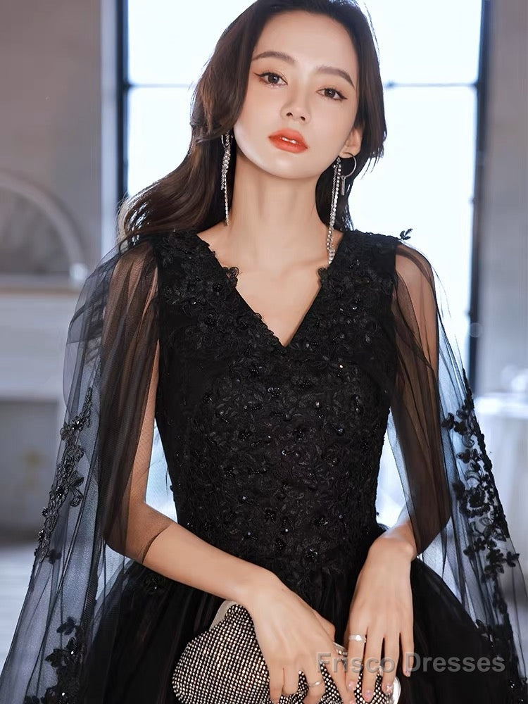 Black V Neck Tulle Lace Long Prom Dresses, Black Lace Formal Evening Dresses