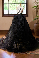Black V-Neck Tulle Lace Formal Prom Dress, Gorgeous A-Line Evening Party Dress