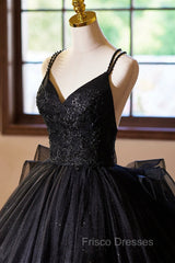 Black V-Neck Tulle Lace Formal Prom Dress, Gorgeous A-Line Evening Party Dress