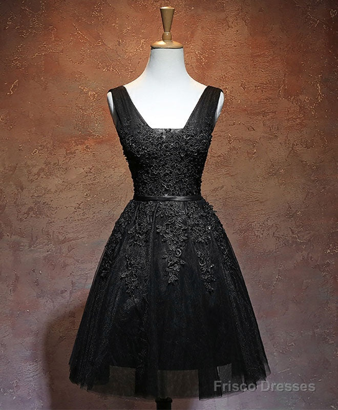 Black V Neck Tulle Lace Short Prom Dress, Black Homecoming Dresses Main image