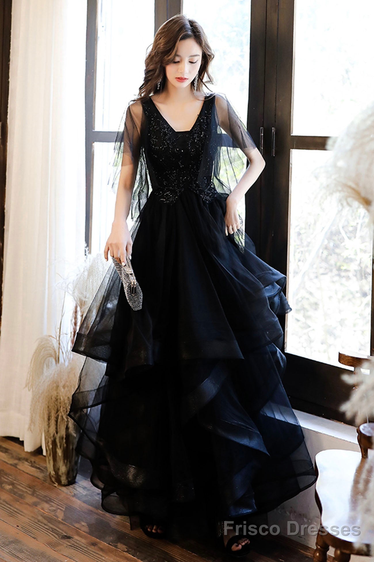 Black V-Neck Tulle Layers Long Formal Dress, A-Line Black Party Dress Main image