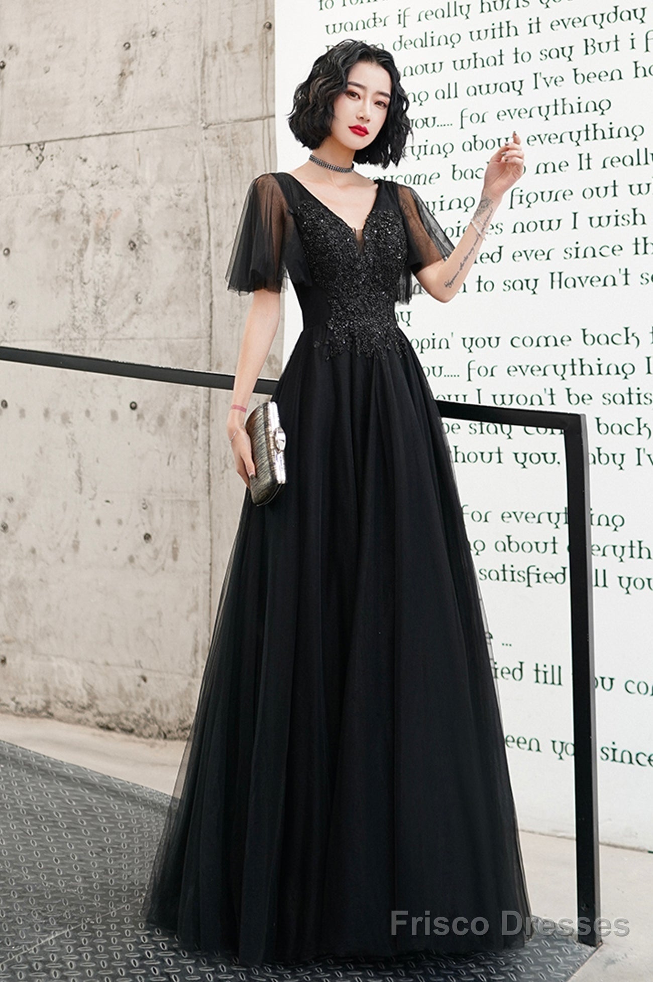 Black V-Neck Tulle Long Prom Dress, Black A-Line Formal Evening Dress Main image