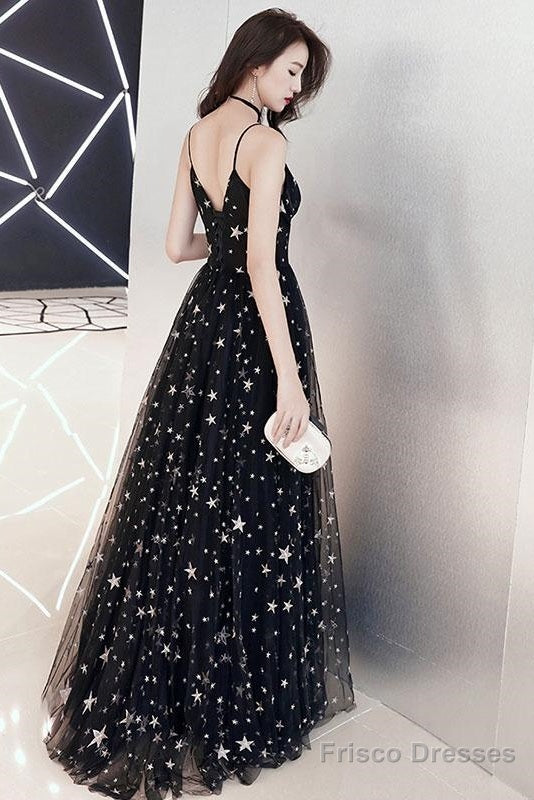 Black V Neck Tulle Long Prom Dress, Black Evening Dress