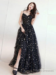 Black V Neck Tulle Long Prom Dress, Black Evening Dress