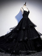 Black V Neck Tulle Long Formal Prom Dress, Black Formal Graduation Dress with Beading