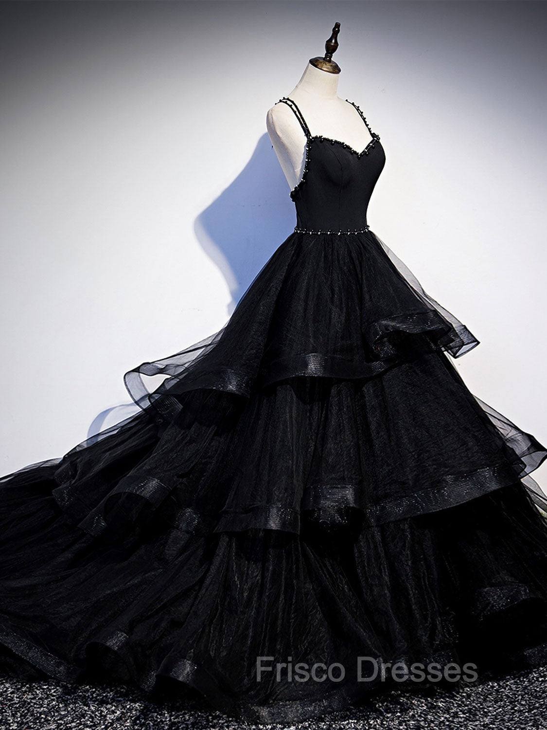 Black V Neck Tulle Long Formal Prom Dress, Black Formal Graduation Dress with Beading