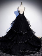 Black V Neck Tulle Long Formal Prom Dress, Black Formal Graduation Dress with Beading