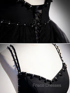 Black V Neck Tulle Long Formal Prom Dress, Black Formal Graduation Dress with Beading